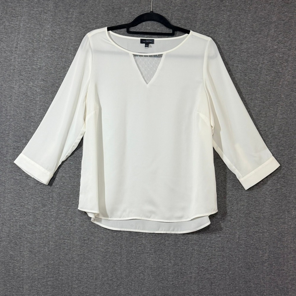 The Limited Womens Blouse Large Ivory Mesh Inset 3/4 Sleeve Career Chic Workwear